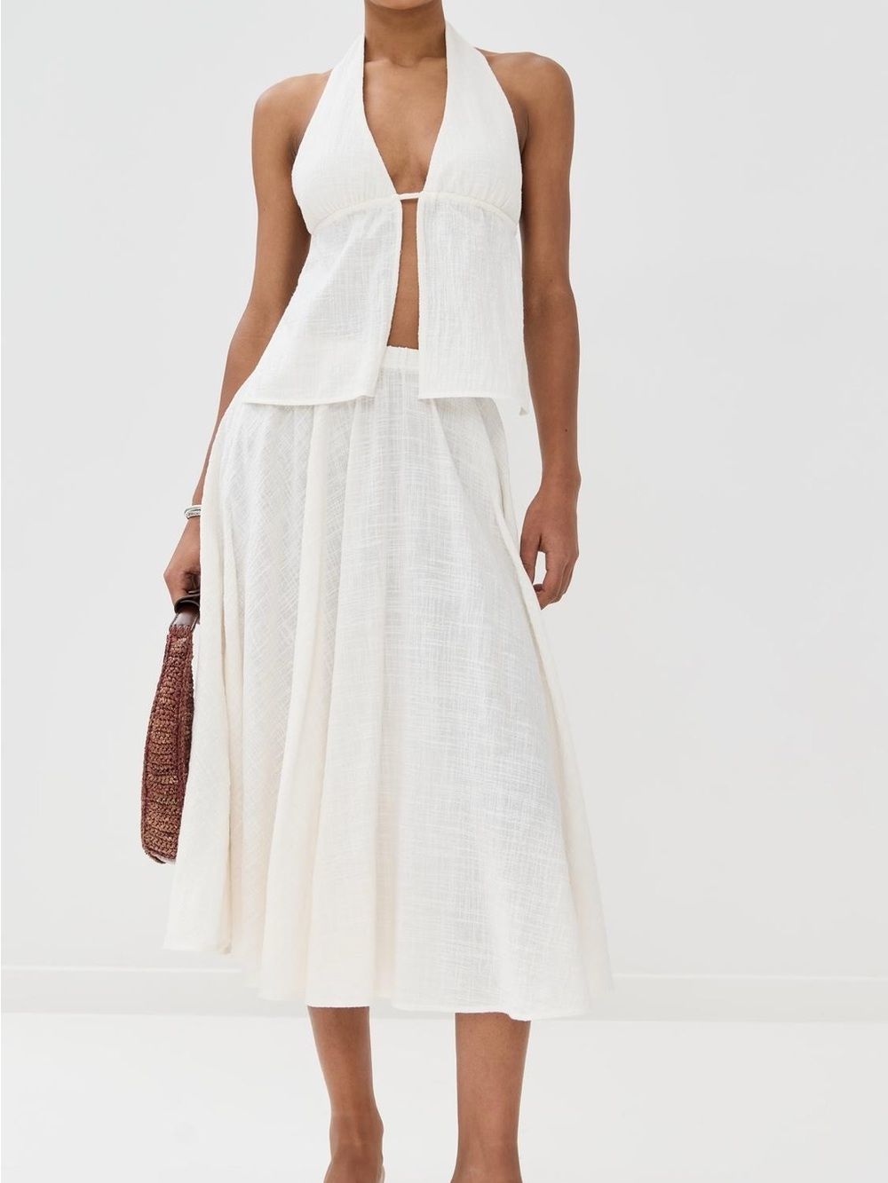 STAUD Flores Top Carla Skirt Set White Flowing A-Line Midi Halter Tie Back Linen